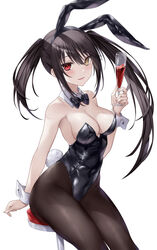  animal_ears asle bare_shoulders black_bow black_bowtie black_leotard black_pantyhose blush bow bowtie breasts cleavage clock_eyes cup date_a_live fake_animal_ears fake_tail female heterochromia highleg highleg_leotard highres holding holding_cup leotard pantyhose playboy_bunny rabbit_ears rabbit_tail red_eyes sitting sitting_on_object smile symbol-shaped_pupils tail tokisaki_kurumi twintails uneven_twintails white_background wrist_cuffs yellow_eyes 