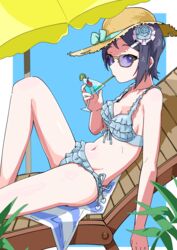  absurdres bare_shoulders bikini black_hair blue_eyes border breasts closed_mouth cocktail collarbone dot_nose expressionless feet_out_of_frame female flower frilled_bikini frills from_side hair_flower hair_ornament hat hat_ribbon highres idolmaster idolmaster_dearly_stars leaning_back leg_up looking_at_viewer medium_breasts mizutani_eri navel ohgi910 outside_border parasol parted_bangs ribbon short_hair sidelocks sitting solo straw_hat sunglasses swimsuit umbrella white_border 