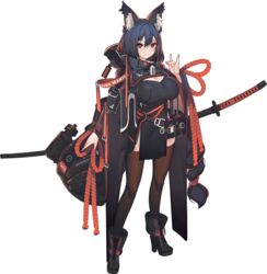  animal_ear_fluff animal_ears bag belt black_footwear black_hair boots breasts cat_ears cleavage female full_body hood hood_down iron_saga japanese_clothes katana logo long_hair nureha_(iron_saga) official_art rain_lan red_eyes rope solo standing sword tachi-e thighhighs transparent_background weapon 