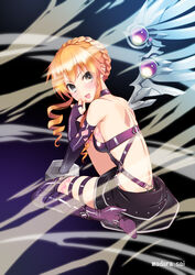  artist_name backless_outfit bare_shoulders boots braid braided_bun breasts bridal_gauntlets date_a_live detached_sleeves drill_hair female hair_bun high_heel_boots high_heels highres madara_sai open_mouth orange_hair purple_footwear revealing_clothes shiny_footwear sideboob sidelocks sitting solo v-shaped_eyebrows wariza wind wings yamai_kaguya 