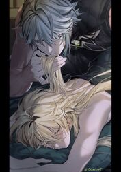  2boys aether_(genshin_impact) alhaitham_(genshin_impact) alternate_hairstyle black_shirt blonde_hair chest_jewel closed_eyes commentary compression_shirt genshin_impact grey_hair hair_between_eyes hair_down highres long_hair lying male_focus multiple_boys on_stomach pillarboxed shirt sleeping sleeveless sleeveless_shirt sonomi symbol-only_commentary under_covers very_long_hair yaoi 