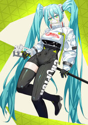  absurdres aqua_hair asymmetrical_bodysuit black_bodysuit black_footwear black_gloves black_thighhighs bodysuit boots chinese_commentary commentary covered_mouth covered_navel cropped_jacket female flag full_body gloves goodsmile_racing green_background green_gloves hatsune_miku high_heels highres holding holding_flag jacket lilin_(pixiv_25958194) long_hair long_sleeves looking_at_viewer mask mouth_mask race_queen racing_miku racing_miku_(2022) single_thigh_boot single_thighhigh solo thigh_boots thighhighs triangle_background twintails two-tone_gloves very_long_hair vocaloid white_jacket 