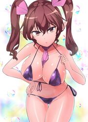  bare_shoulders bikini breasts brown_eyes brown_hair cleavage female hat himekaidou_hatate large_breasts long_hair medium_breasts navel purple_hat sidelocks simple_background solo swimsuit tokin_hat touhou twintails white_background y2 