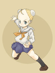  ahoge blonde_hair blue_eyes byou_tori commentary_request cynthia_rou cynthia_the_mission double_bun female forehead hair_bun school_uniform serafuku short_hair simple_background socks solo 