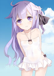  adapted_costume ahoge alternate_costume arms_behind_back azur_lane blue_sky cloud cloudy_sky collarbone commentary_request covered_navel day female hair_ribbon highres long_hair looking_at_viewer one-piece_swimsuit parted_lips purple_eyes purple_hair ribbon satsukinapo sky solo swimsuit unicorn_(azur_lane) white_one-piece_swimsuit 