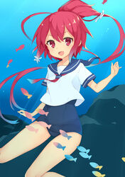  :d ahoge bad_id bad_pixiv_id female fish hukasikasi i-168_(kancolle) kantai_collection long_hair looking_at_viewer one-piece_swimsuit open_mouth ponytail red_eyes red_hair sailor_collar_lift school_swimsuit school_uniform serafuku smile solo swimsuit swimsuit_under_clothes underwater very_long_hair 