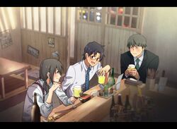  3boys ahoge alcohol arm_at_side arm_support bar_(place) black_hair black_jacket blue_neckwear blurry blush bottle business_suit chopstick_rest chopsticks collared_shirt commentary_request counter cup cushion depth_of_field door dress_shirt drinking_glass drunk floor formal glasses green_necktie hair_over_shoulder holding holding_cup idolmaster idolmaster_(classic) idolmaster_cinderella_girls idolmaster_side-m indoors jacket letterboxed long_hair looking_at_another looking_at_viewer low_ponytail male_focus medium_hair menu mina_(o414) mug multiple_boys necktie night outstretched_arm plate poster_(object) producer_(idolmaster) producer_(idolmaster_anime) producer_(idolmaster_cinderella_girls_anime) producer_(idolmaster_side-m_anime) profile shirt sitting sleeves_rolled_up smile spice_rack striped striped_necktie suit suspenders table two-handed wall white_shirt window_shadow wooden_table wrinkled_skin 