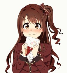  blazer blush bow brown_eyes brown_hair closed_mouth commentary_request eyes_visible_through_hair female hair_intakes hairbow highres holding holding_letter idolmaster idolmaster_cinderella_girls idolmaster_cinderella_girls_starlight_stage jacket letter long_hair looking_at_viewer love_letter love_letter_(idolmaster) nervous nose_blush one_side_up plaid plaid_bow school_uniform shimamura_uzuki simple_background solo upper_body vivid_(key) white_background 