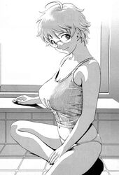  ahoge breasts camisole cleavage cynthia_the_mission female glasses greyscale highres huge_breasts looking_at_viewer midriff monochrome navel panties photoshop_(medium) short_hair smile solo takatou_rui takaya_kanae taut_clothes tile_floor tiles underwear 