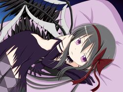  akemi_homura akuma_homura argyle_clothes argyle_legwear bare_shoulders black_gloves black_hair black_wings bow choker commentary_request dress elbow_gloves feathered_wings female gloves hairbow kuuru long_hair looking_at_viewer lying mahou_shoujo_madoka_magica mahou_shoujo_madoka_magica:_hangyaku_no_monogatari on_side parted_lips purple_eyes solo spoilers thighhighs wings zettai_ryouiki 