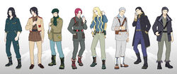  6+boys absurdres alternate_costume basil_hawkins belt beret black_hair blonde_hair boots changye dracule_mihawk dress_uniform full_body hat highres jacket lineup long_image male male_focus marine military military_uniform multiple_boys one_piece pirate portgas_d_ace red_hair rob_lucci scarf shanks shichibukai sir_crocodile smoker standing supernova suspenders trafalgar_law uniform wide_image 