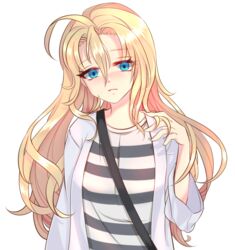  ahoge blonde_hair blue_eyes blush closed_mouth commentary_request female frown long_hair looking_at_viewer rachel_gardner saltycaramel satsuriku_no_tenshi shirt solo striped_clothes striped_shirt 