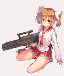  ahoge assault_rifle bad_id bad_pixiv_id bow brown_hair fangdan_runiu female gun h&amp;k_g11 hairbow hidan_no_aria hidan_no_aria_aa looking_at_viewer mamiya_akari pleated_skirt purple_eyes rifle school_uniform shiny_skin shoes short_hair sitting skirt sneakers solo trigger_discipline twintails weapon yokozuwari 