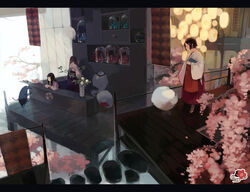  3girls apron architecture black_hair brown_hair carrying commentary_request counter east_asian_architecture flower glass hair_flower hair_ornament hakama hakama_skirt indoors japanese_clothes leaning letterboxed long_hair multiple_girls original partial_commentary photoshop_(medium) plant pond short_hair silhouette skirt smile vase wakatsuki_(etoiles) wooden_floor 