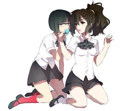  2girls bad_link bobby_socks eating food glasses ice_cream isolda_gaillard jeanne_lefevre kneehighs long_hair mary_janes missing_stars multiple_girls naso4 ponytail red_legwear school_uniform shoes short_hair simple_background skirt socks 