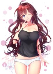  blue_eyes blush breasts brown_hair camisole cleavage collarbone commentary_request female finger_to_mouth ichinose_shiki idolmaster idolmaster_cinderella_girls large_breasts long_hair looking_at_viewer no_pants one_eye_closed panties parted_lips saltycaramel smile solo underwear white_panties 