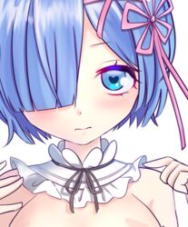  bad_id bad_pixiv_id blue_eyes blue_hair blush close-up closed_mouth female hair_ornament hair_over_one_eye heart heart-shaped_pupils looking_at_viewer lowres re:zero_kara_hajimeru_isekai_seikatsu rem_(re:zero) saltycaramel short_hair solo symbol-shaped_pupils upper_body x_hair_ornament 