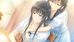  2girls blunt_bangs blush braid brown_hair chair dress flowers_(innocent_grey) frilled_sleeves frills game_cg glasses half-closed_eyes hanabishi_rikka hug hug_from_behind indoors long_hair multiple_girls official_art puffy_short_sleeves puffy_sleeves room shirahane_suou short_sleeves sitting sugina_miki white_dress 