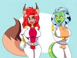  alma_(vixinecomics) avalugg_(artist) big_breasts blue_hair breasts duo female hair humanoid lipstick makeup quest_for_fun red_hair romantic romantic_couple science_fiction simple_background smile space_furry_(copyright) vixine_comics zandria 