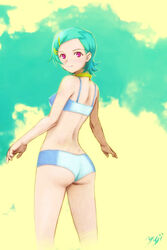  aqua_hair ass back bangs bikini blush cloud erect_nipples eureka eureka_7 eureka_seven eureka_seven_(series) female from_behind hair_ornament hairclip highres jewelry kobayashi_yuji kobayashi_yuuji looking_at_viewer looking_back nagko necklace outdoors pink_eyes short_hair signature sky smile solo standing swept_bangs swimsuit 