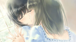  2girls black_hair blunt_bangs brown_hair close-up closed_eyes couple flowers_(innocent_grey) game_cg indoors interlocked_fingers kissing multiple_girls official_art short_hair sugina_miki takasaki_chidori window yaegaki_erika yuri 