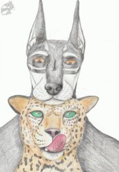  absurd_res anthro canid canine canis dobermann domestic_dog duo felid happy hi_res leopard male mammal ortaon pantherine pinscher tongue traditional_media_(artwork) yenza 