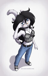  2014 anthro belt bethany_(jay_naylor) biped black_hair blue_eyes blush bottomwear bra clothed clothing collar conditional_dnp denim denim_bottomwear denim_clothing digital_media_(artwork) domestic_cat felid feline felis female footwear fur hair heart_symbol jay_naylor jeans jewelry long_hair long_tail looking_up mammal midriff navel necklace open_mouth pants shoes simple_background solo stare tail underwear white_background white_body white_fur 