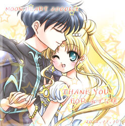  1boy bishoujo_senshi_sailor_moon black_hair blonde_hair blue_eyes chiba_mamoru closed_eyes couple crescent crescent_facial_mark dated earrings endymion_(sailor_moon) facial_mark female forehead_mark hair_bun holding_hands jewelry long_hair lowres milestone_celebration nape one_eye_closed princess_serenity shirataki_kaiseki single_hair_bun smile straight thank_you tsukino_usagi twintails 