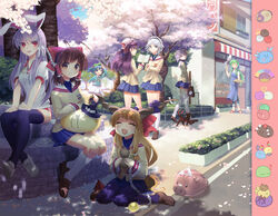  6+girls animal_ears antenna_hair apron bag bakery blonde_hair blue_eyes blue_hair boar book botan_(clannad) braid bread brown_hair buruma chains chen cherry_blossoms cirno clannad commentary_request contemporary cosplay crossover dango dango_daikazoku flandre_scarlet food fujibayashi_kyou fujibayashi_kyou_(cosplay) fujibayashi_ryou fujibayashi_ryou_(cosplay) furukawa_nagisa furukawa_nagisa_(cosplay) furukawa_sanae furukawa_sanae_(cosplay) gourd green_eyes green_hair grey_hair gym_uniform hakurei_reimu hat headband headphones hieda_no_akyuu highres hijiri_byakuren hikarizaka_private_high_school_uniform horns ibuki_fuuko ibuki_fuuko_(cosplay) ibuki_suika ichinose_kotomi ichinose_kotomi_(cosplay) izayoi_sakuya kaenbyou_rin kaenbyou_rin_(cat) kawashiro_nitori kazami_yuuka key kirisame_marisa kochiya_sanae komeiji_koishi komeiji_koishi_(dango) komeiji_satori komeiji_satori_(dango) long_hair lunasa_prismriver lyrica_prismriver merlin_prismriver multiple_girls nakahara_mai name_connection oerba_yun_fang one_eye_closed oni onozuka_komachi patchouli_knowledge photoshop_(medium) pocketbee purple_eyes purple_hair rabbit_ears red_eyes reisen_udongein_inaba remilia_scarlet ribbon saigyouji_yuyuko sakagami_tomoyo sakagami_tomoyo_(cosplay) school_bag school_uniform shameimaru_aya shiki_eiki shop siblings sidewalk sisters skirt sunohara_mei sunohara_mei_(cosplay) thighhighs touhou toyosatomimi_no_miko triangular_headpiece twin_braids twins very_long_hair voice_actor_connection wagashi yakumo_ran yakumo_yukari zettai_ryouiki 