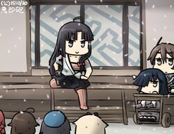  6+girls ahoge ashigara_(kancolle) bandeau beret black_eyes black_hair black_skirt blonde_hair brown_eyes brown_hair cart cherry_blossoms commentary_request fusuma gloves hair_over_one_eye hamu_koutarou hat hayashimo_(kancolle) kantai_collection kozure_ookami light_brown_hair long_hair low-tied_long_hair machinery multiple_girls red_hair remodel_(kantai_collection) shigure_(kancolle) shouhou_(kancolle) single_glove sitting skirt sliding_doors smile sweat takao_(kancolle) thighhighs translated turret uzuki_(kancolle) yuudachi_(kancolle) 