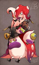  artist_name bad_id bad_twitter_id blue_eyes boots brown_background colored_sclera dated female green_eyes green_sclera hair_over_one_eye highres hug hugging_object jikuno octarian_(enemy) octoball octobomber octocopter octotrooper red_hair simple_background sitting splatoon_(series) splatoon_1 takozonesu tentacle_hair 