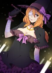  breasts brown_eyes candle dress eyepatch female frills hat jewelry katja_bohm large_breasts missing_stars necklace ribbon solo tongue tongue_out troyd wand witch_hat 