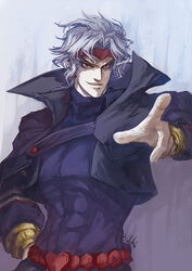  1boy black_jacket cape commentary_request dio_brando hideki jacket jojo_no_kimyou_na_bouken male_focus photoshop_(medium) pointing red_eyes solo stardust_crusaders white_hair 