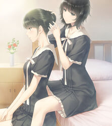  2girls bed black_dress black_hair blunt_bangs brown_hair chair dress flower flowers_(innocent_grey) from_side game_cg hair_up hairdressing highres indoors long_legs multiple_girls official_art on_bed own_hands_together parted_lips pillow profile ribbon school_uniform short_dress short_hair short_sleeves sitting sugina_miki takasaki_chidori vase white_ribbon yaegaki_erika 