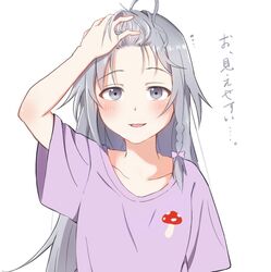  ahoge bangs_pinned_back blush commentary_request female grey_eyes grey_hair hand_on_own_head hoshi_syoko idolmaster idolmaster_cinderella_girls long_hair looking_at_viewer mushroom parted_lips shirt simple_background smile solo t-shirt upper_body vivid_(key) white_background 