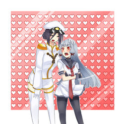  bad_id bad_pixiv_id bangs banned_artist black_legwear blunt_bangs blush blush_stickers female_admiral_(kantai_collection) fingerless_gloves gensei_ruri gloves headwear_removed heart kantai_collection long_hair military military_uniform multiple_girls murakumo_(kantai_collection) naval_uniform pantyhose school_uniform serafuku silver_hair smile thighhighs uniform white_legwear 