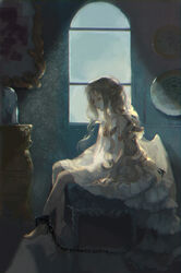  barefoot chains closed_eyes commentary_request cuffs curly_hair dark dress female indoors light_particles original profile shackles sitting solo stool sunlight wakatsuki_(etoiles) white_dress window 