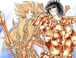  aries_shion armor black_hair blonde_hair illustration knight kurumada_masami libra_dohko libra_douko saint_seiya shield sword weapon 