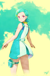  aqua_hair ass back bangs bare_shoulders blush buttons cloud dress eureka eureka_7 eureka_seven eureka_seven_(series) female from_behind hair_ornament hairclip highres jewelry kobayashi_yuji kobayashi_yuuji looking_at_viewer looking_back nagko necklace outdoors pink_eyes pouch short_dress short_hair signature sky sleeveless smile solo standing swept_bangs thigh_strap 