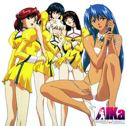  1990s_(style) 5girls absurdres agent_aika aika_(series) angry arm_up ass_visible_through_thighs bare_arms bare_legs bianca_(agent_aika) bikini black_eyes blue_hair blush braid breasts brooch brown_eyes brown_hair carrying cleavage cleavage_cutout clenched_hands clenched_teeth clothing_cutout copyright_name covered_nipples cropped_legs crossed_arms crotch_seam dark-skinned_female dark_skin delmogeny_uniform detached_collar dress earrings english_text eyebrows from_behind full_body golden_delmo hair_intakes hair_ribbon half_updo hands_on_another&#039;s_head head_tilt high_heels highres jewelry juliet_sleeves lipstick logo long_hair long_sleeves looking_at_viewer looking_back makeup multiple_girls navel official_art open_mouth panties pantyshot photoshop_(medium) pink_ribbon puffy_sleeves red_hair red_lips retro_artstyle ribbon rie_petoriyacowa sania_(agent_aika) scan shivie_aika shoulder_carry silver_hair spread_legs standing sumeragi_aika swimsuit teeth tonia transformation underwear uniform v-shaped_eyebrows white_background white_bikini white_footwear white_panties wind wind_lift yamauchi_noriyasu yellow_dress yellow_footwear 