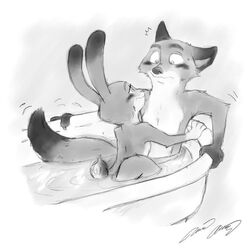  1:1 2016 acornshield anthro bath bathing bathtub blush bodily_fluids canid canine claws dipstick_tail disney duo female fox fur greyscale judy_hopps lagomorph leporid male mammal markings monochrome multicolored_tail nick_wilde nude partially_submerged predator/prey rabbit red_fox smile surprise sweat sweatdrop tail tail_markings true_fox zootopia 