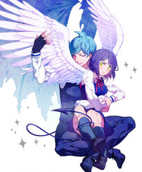  1boy ahoge angel_and_devil angel_wings annoyed arm_grab blue_hair blush colored_eyelashes commentary_request demon_tail demon_wings dress eye_contact female fingerless_gloves full_body gloves green_eyes half-closed_eyes highres hug hug_from_behind indian_style kneehighs kuro_no_haijin light_smile loafers long_sleeves looking_at_another neck_ribbon pants parted_bangs photoshop_(medium) pinafore_dress pink_eyes purple_hair ribbon samon-kun_wa_summoner samon_shousuke school_uniform shoes short_hair simple_background sitting sitting_on_lap sitting_on_person sleeveless sleeveless_dress smile socks sparkle tail tail_wrap teshigawara_sakura vest white_background wings 