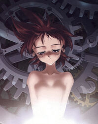  1990s_(style) artist_request brown_hair collarbone female gears key_the_metal_idol mima_tokiko no_nipples official_art retro_artstyle scan short_hair smile solo topless 