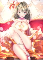  blue_eyes blush breasts cleavage commentary_request female green_eyes green_hair hat hat_feather heterochromia idolmaster idolmaster_cinderella_girls large_breasts looking_at_viewer mini_hat mole mole_under_eye open_mouth saltycaramel short_hair sitting smile solo takagaki_kaede 