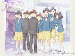  2boys 5girls ariga_makoto black_hair brown_eyes brown_hair chiba_saori gakuran hourou_musuko mary_janes multiple_boys multiple_girls nitori_shuuichi official_art sarashina_chizuru sasa_kanako school_uniform shirai_momoko shoes short_hair short_twintails takatsuki_yoshino twintails twintails 