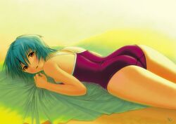  :o ass ayanami_rei back bangs blue_hair blush breasts embarrassed female flat_chest highres kobayashi_yuji looking_at_viewer looking_back lying nagko neon_genesis_evangelion on_stomach one-piece_swimsuit open_mouth red_eyes school_swimsuit short_hair sideboob signature solo swimsuit towel 