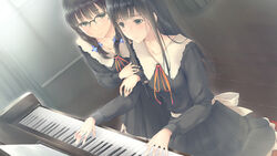  2girls arm_grab black_dress black_eyes blush braid brown_eyes dress flowers_(innocent_grey) game_cg glasses green_eyes hair_ornament hanabishi_rikka indoors instrument long_hair long_sleeves multiple_girls music official_art orange_ribbon piano playing_instrument playing_piano puffy_long_sleeves puffy_sleeves ribbon room school_uniform shirahane_suou sugina_miki touching twin_braids white_ribbon yuri 