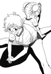  2girls back-to-back breasts bun_cover buruma cynthia_rou cynthia_the_mission double_bun glasses greyscale gym_uniform hair_bun highres huge_breasts monochrome multiple_girls photoshop_(medium) shoes short_hair smile sneakers stretching takatou_rui takaya_kanae 