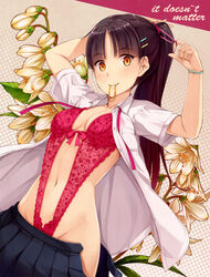  adjusting_hair black_hair blush bracelet breasts brown_hair cleavage commentary_request dress_shirt dressing english_text female flower hair_ornament hairclip highres jewelry lingerie long_hair looking_at_viewer md5_mismatch medium_breasts mouth_hold open_clothes open_shirt open_skirt original ponytail rubber_band school_uniform shirt skirt smile solo teddy_(lingerie) underwear uniform yokaze_japan 