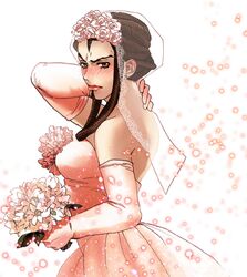  blush bouquet bridal_veil bride commentary_request dreadlocks dress elbow_gloves ermes_costello female flower gloves jojo_no_kimyou_na_bouken pppuni solo veil wedding_dress 